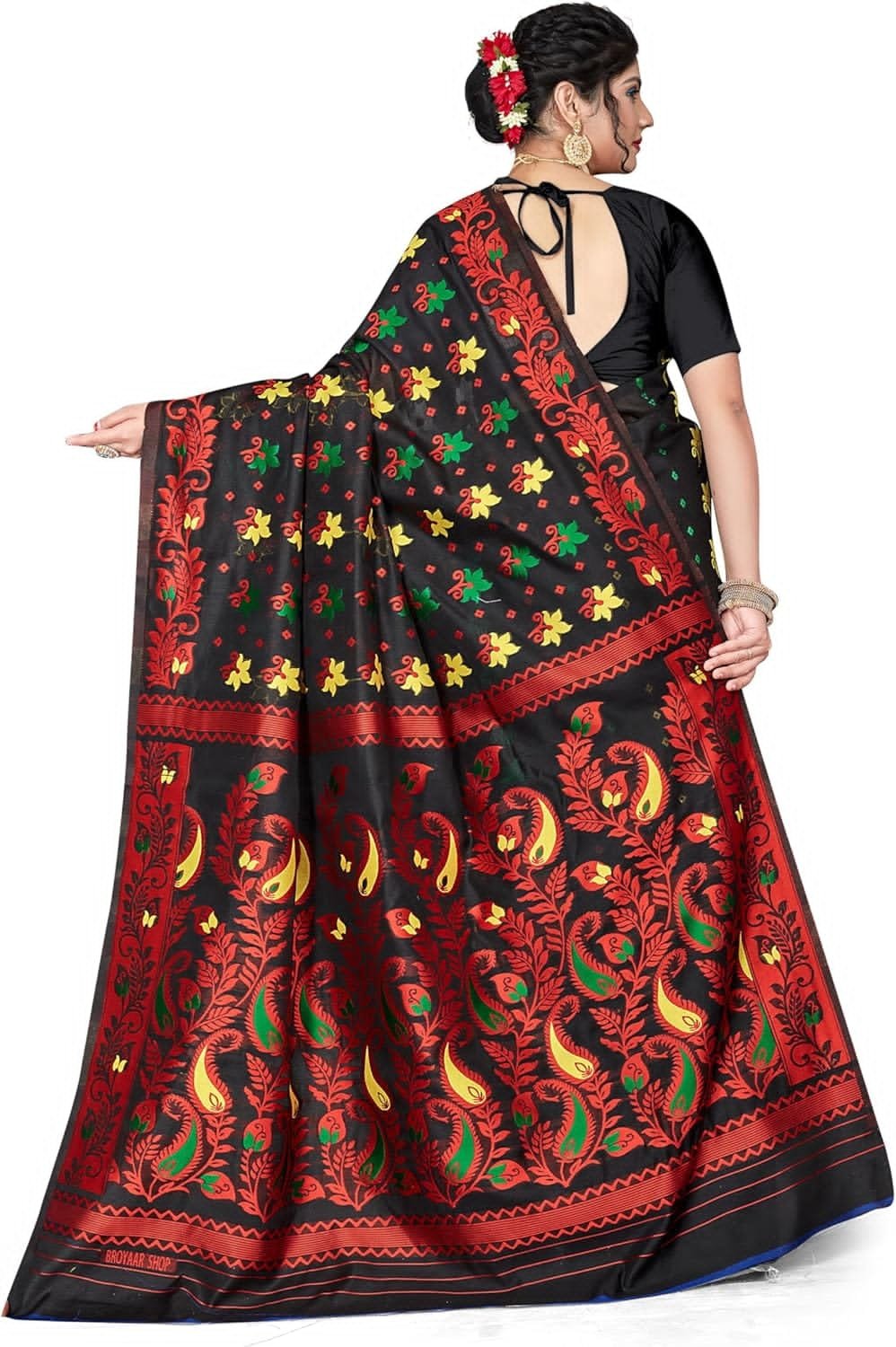 Women's Dhakai Jamdani Bengal Pure Cotton Handloom Saree without Blouse Piece colour
black, featuring vibrant red, green, and yellow motifs - Image 2