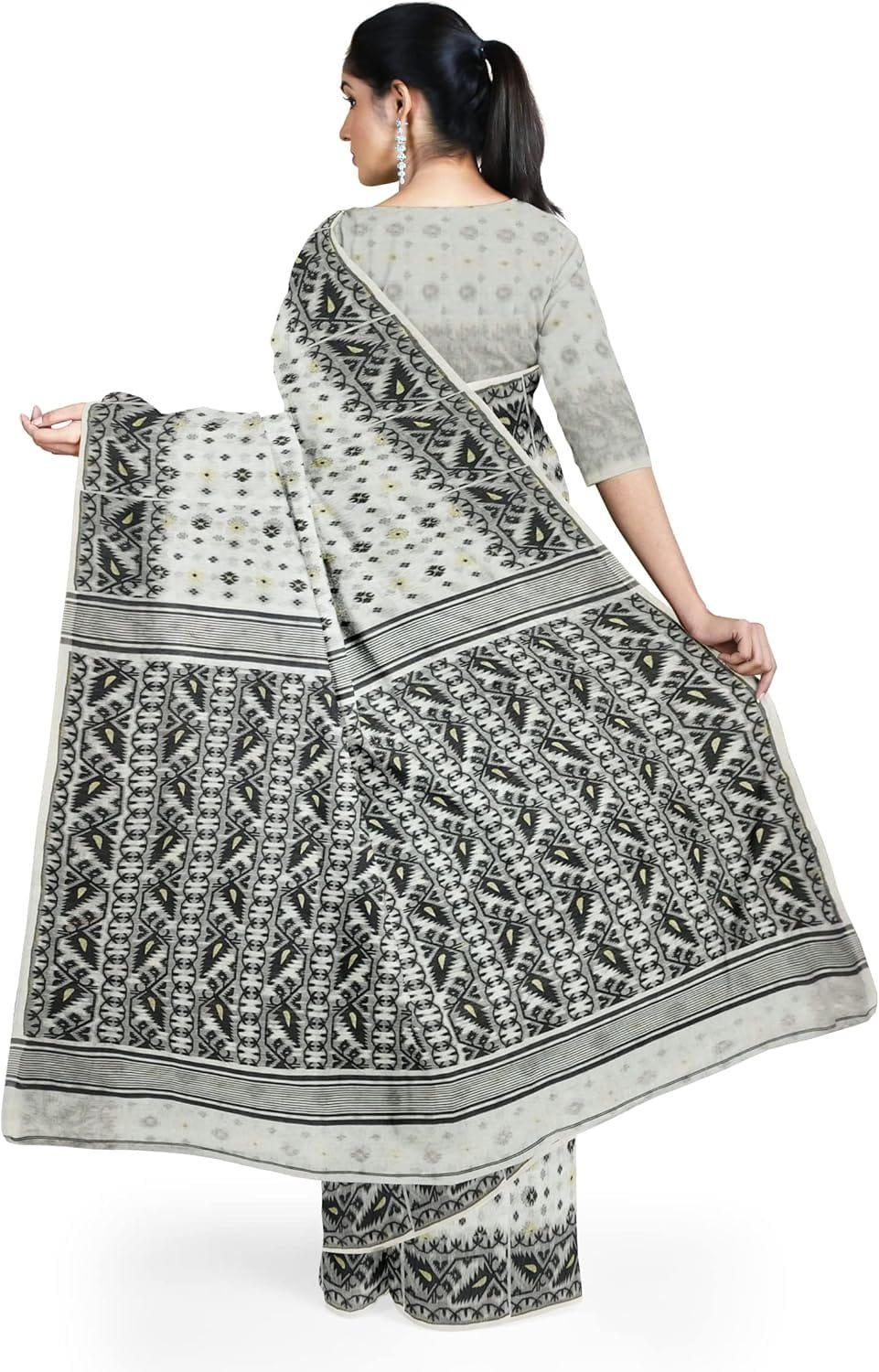 Women's Dhakai Jamdani Bengal Pure Cotton Handloom Saree without Blouse Piece colour
grey with black - Image 2
