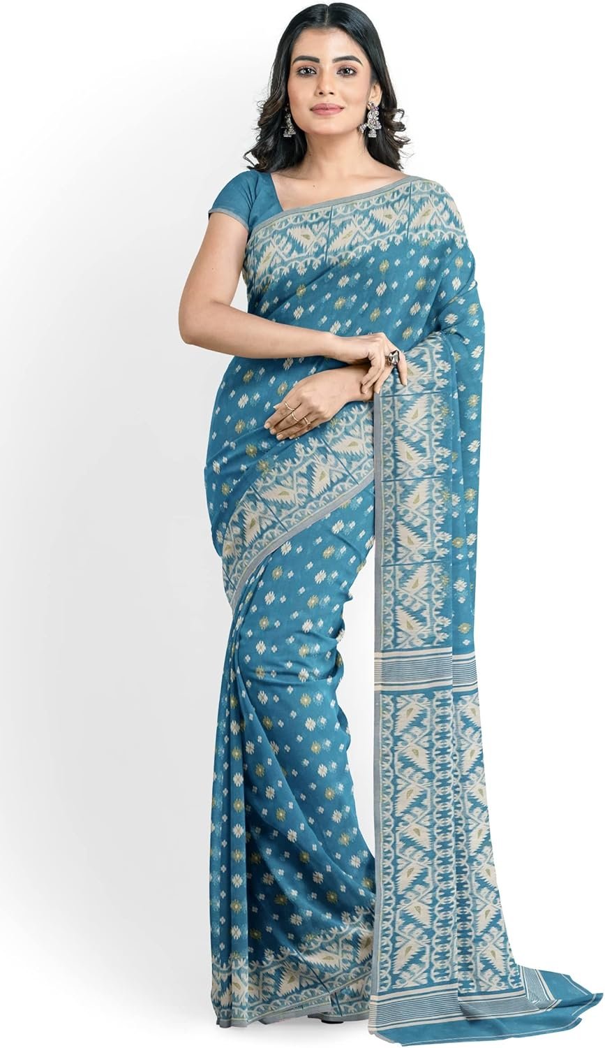 Women's Dhakai Jamdani Bengal Pure Cotton Handloom Saree without Blouse Piece colour
light blue