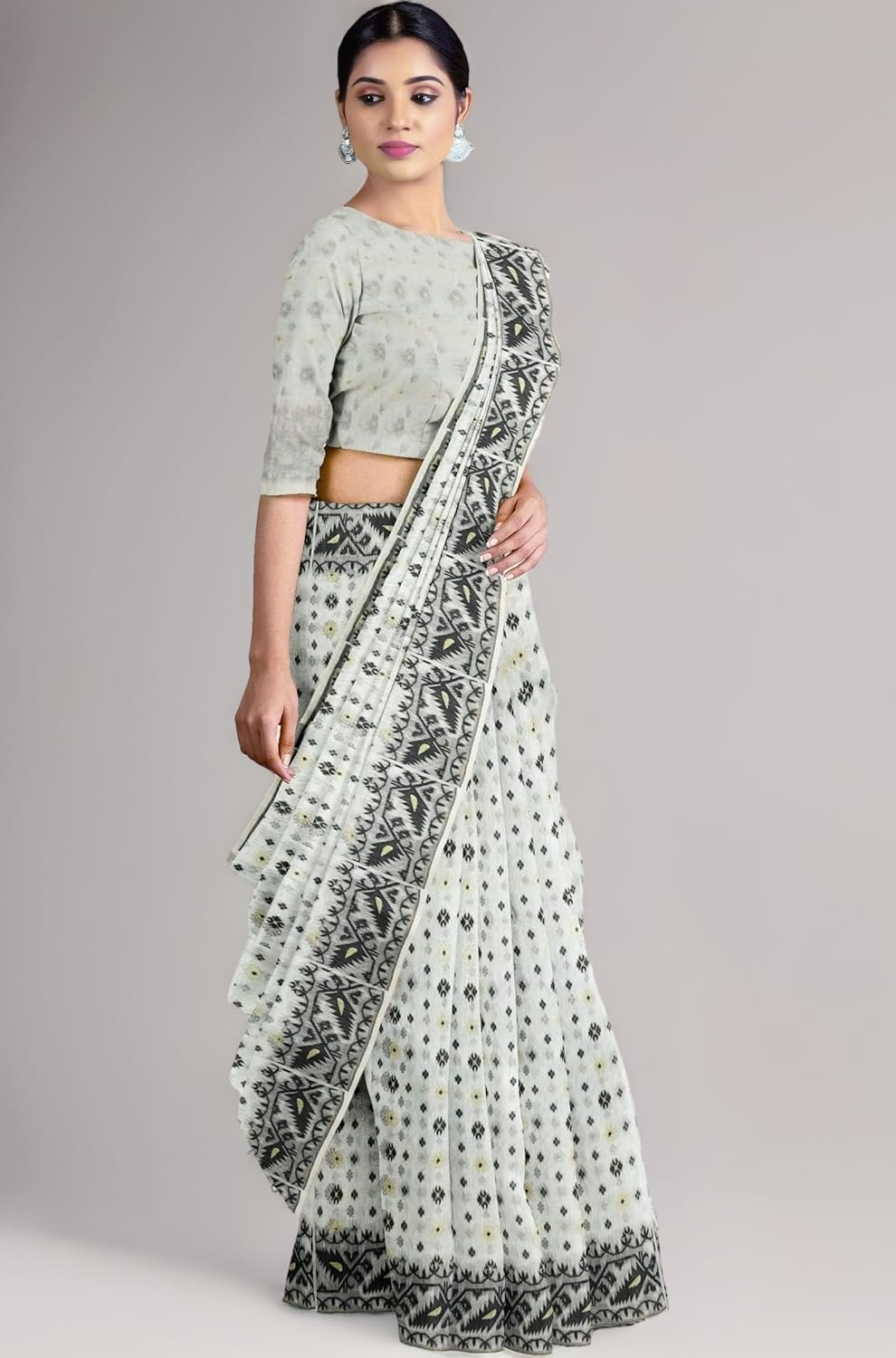 Women's Dhakai Jamdani Bengal Pure Cotton Handloom Saree without Blouse Piece colour
grey with black