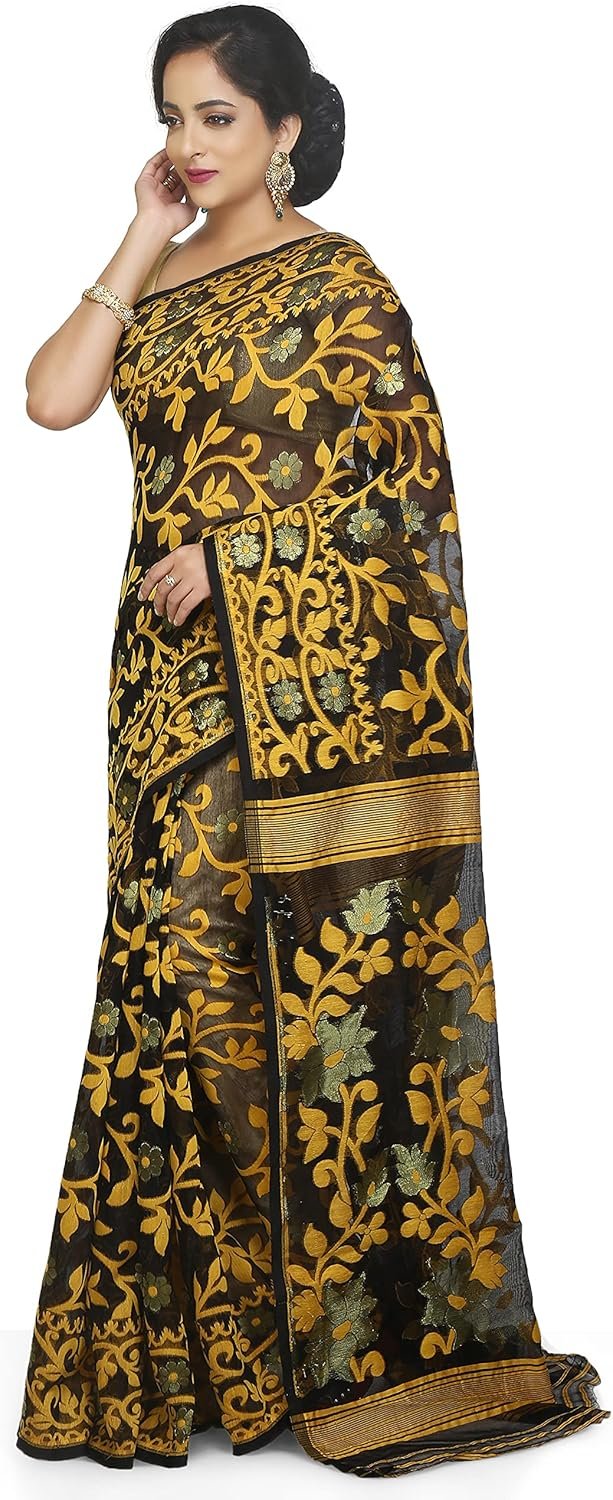 Women's Dhakai Jamdani Bengal Pure Cotton Handloom Saree without Blouse Piece colour
black and golden