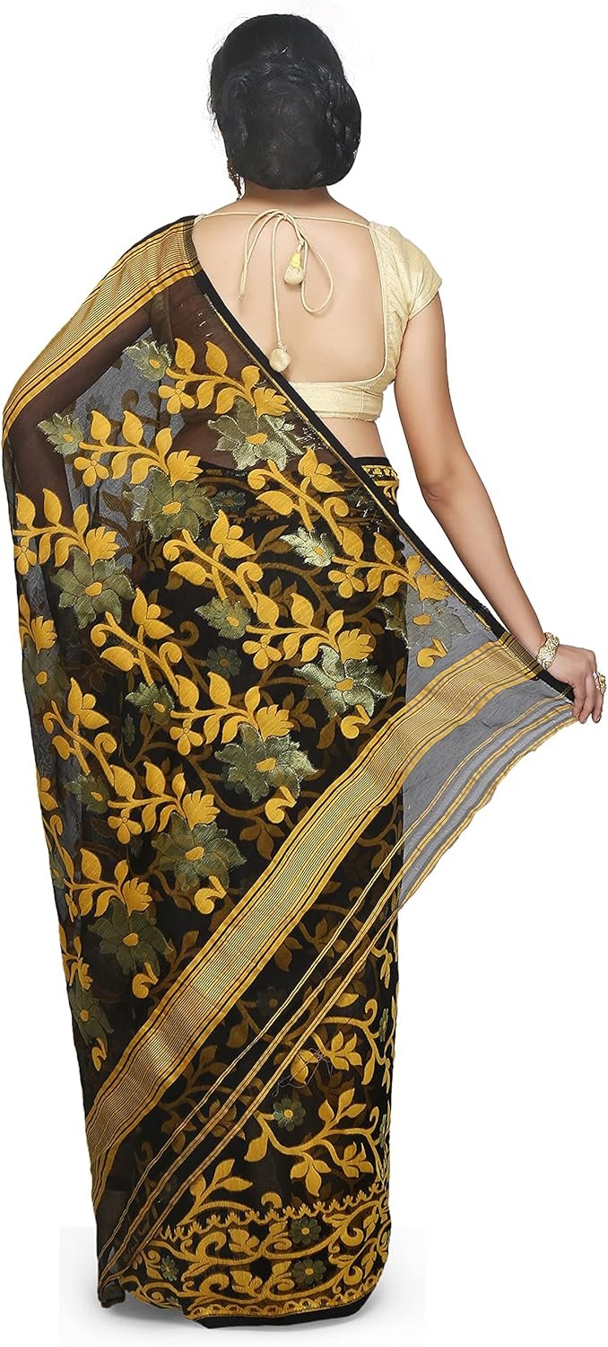 Women's Dhakai Jamdani Bengal Pure Cotton Handloom Saree without Blouse Piece colour
black and golden - Image 2