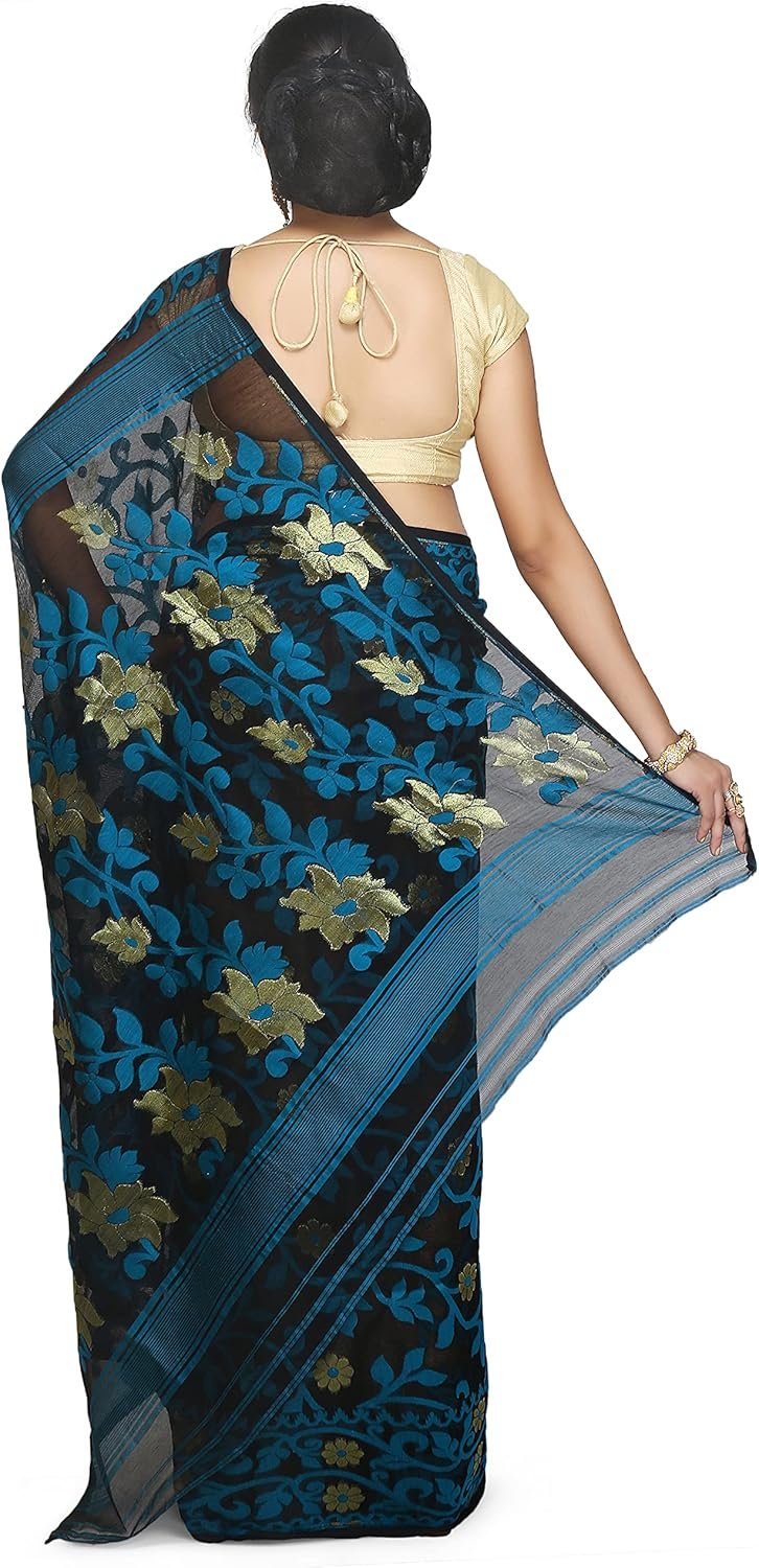 Women's Dhakai Jamdani Bengal Pure Cotton Handloom Saree without Blouse Piece colour
black and blue, with gold floral patterns - Image 2