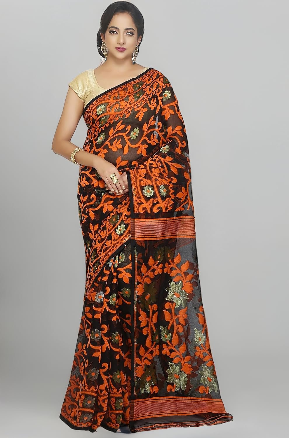 Women's Dhakai Jamdani Bengal Pure Cotton Handloom Saree without Blouse Piece colour
black and orange with gold floral patterns