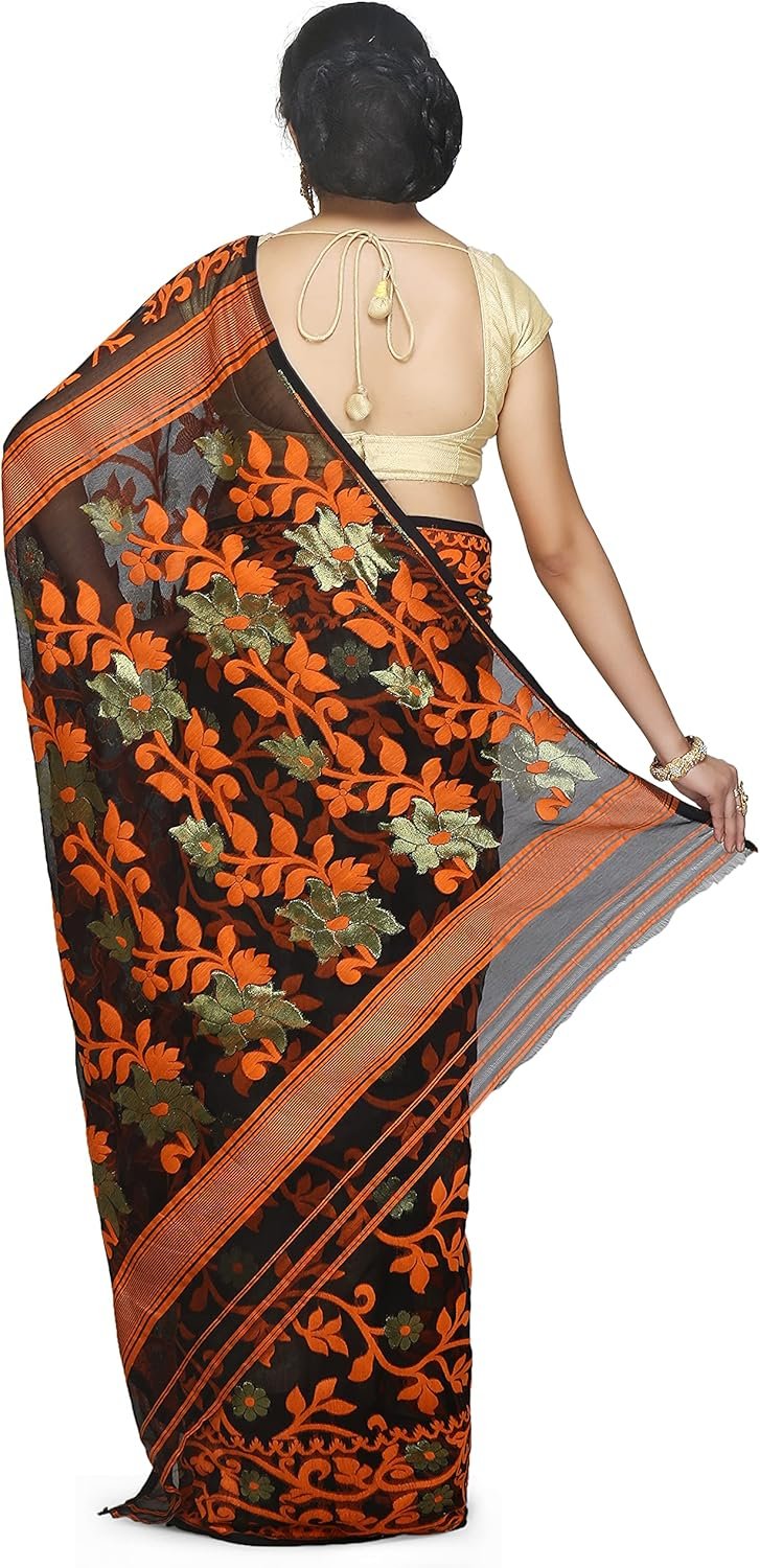 Women's Dhakai Jamdani Bengal Pure Cotton Handloom Saree without Blouse Piece colour
black and orange with gold floral patterns - Image 2