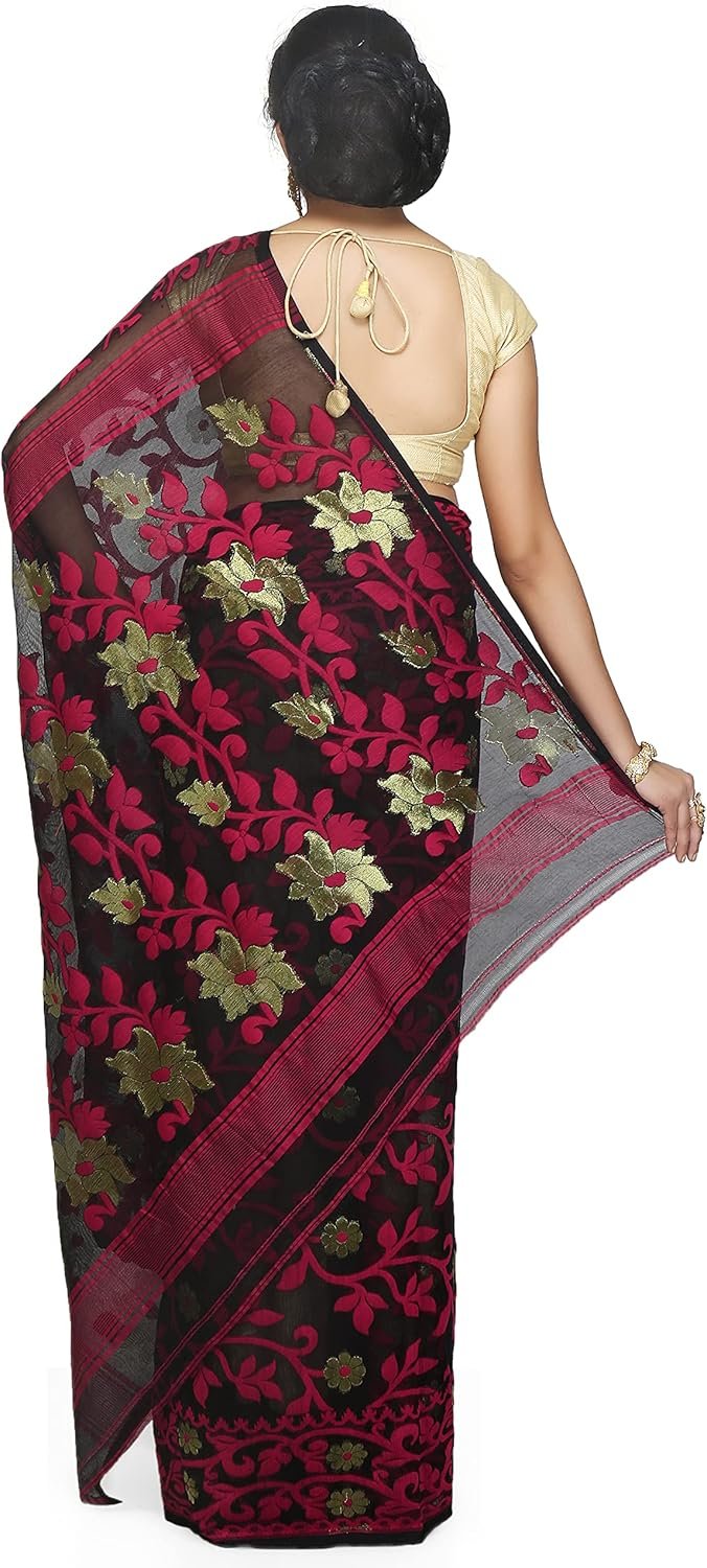 Women's Dhakai Jamdani Bengal Pure Cotton Handloom Saree without Blouse Piece colour
black with red - Image 2