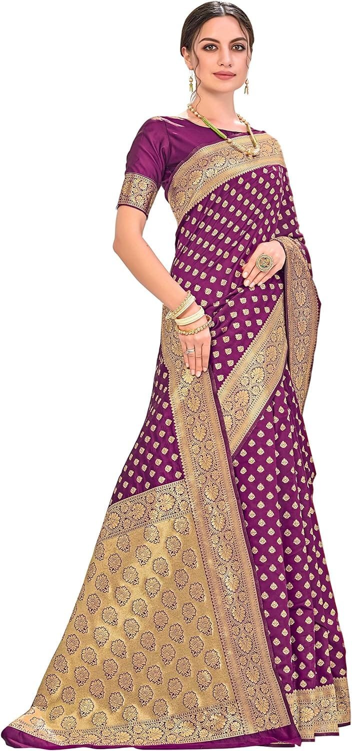 Women's Banarasi Silk Saree With Blouse Piece colour purple with golden
