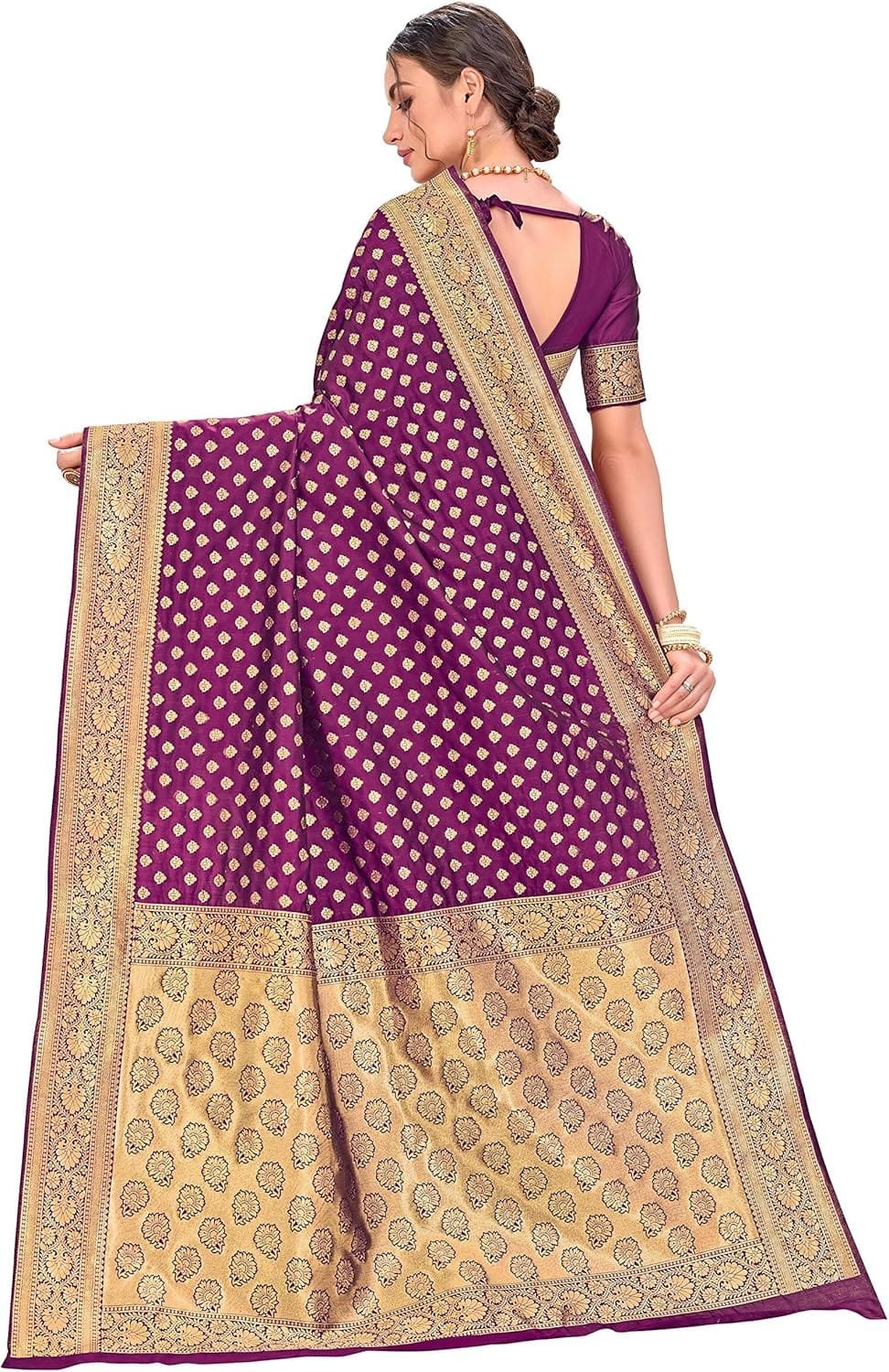 Women's Banarasi Silk Saree With Blouse Piece colour purple with golden - Image 2