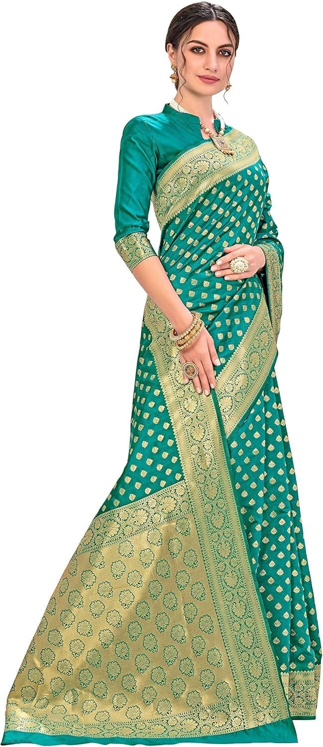Women's Banarasi Silk Saree With Blouse Piece colour emerald green