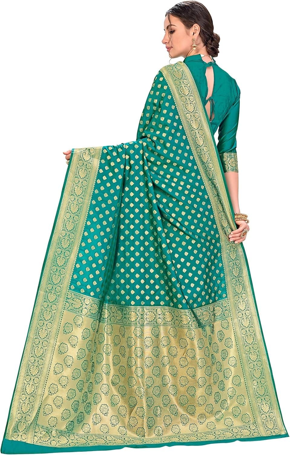 Women's Banarasi Silk Saree With Blouse Piece colour emerald green - Image 2