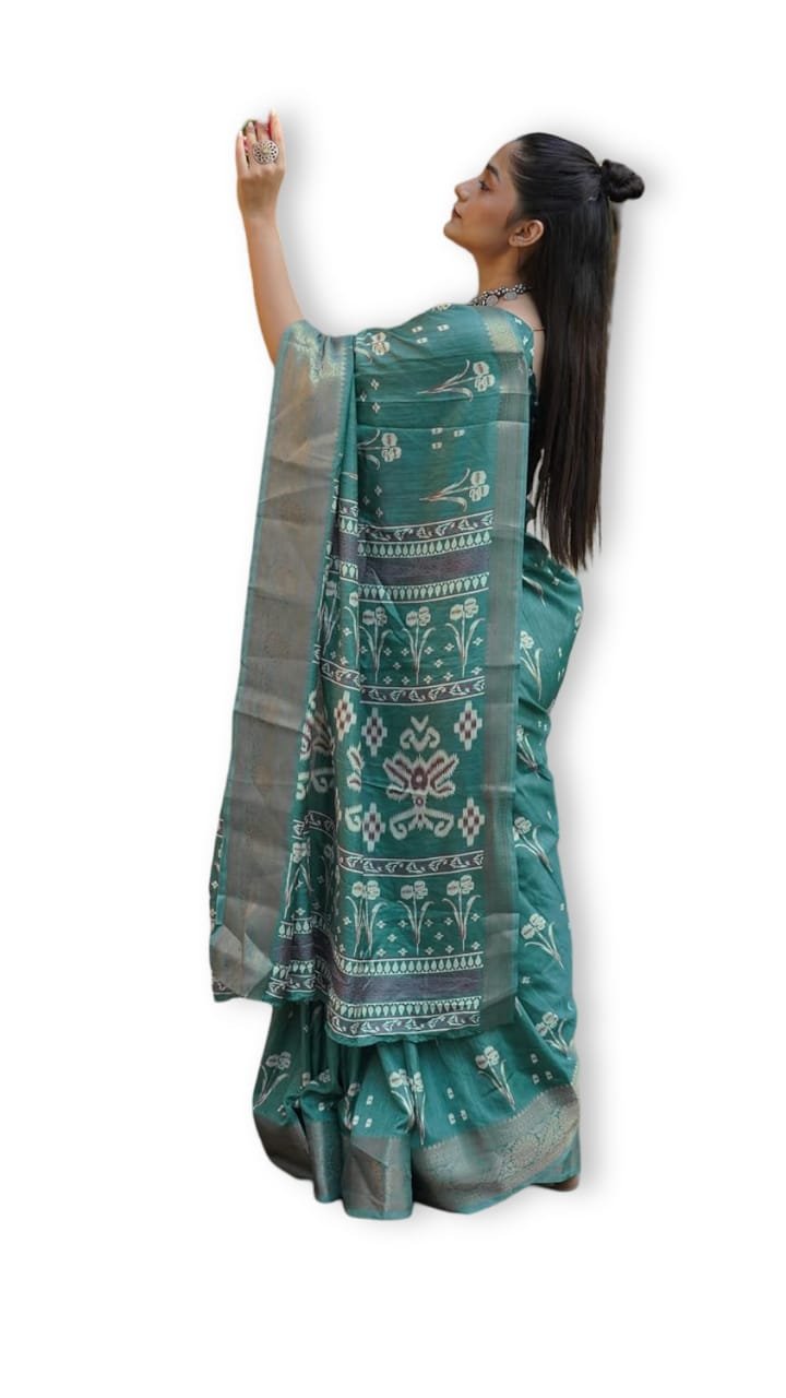 Women's Cotton Silk Blend Block Printed Saree with Blouse Piece colour teal (blue - green) - Image 2