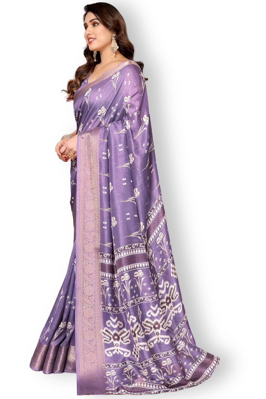 Women's Cotton Silk Blend Block Printed Saree with Blouse Piece colour light purple - Image 2