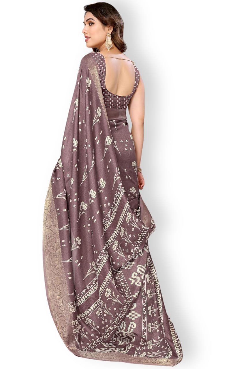 Women's Cotton Silk Blend Block Printed Saree with Blouse Piece colour dusty wine - Image 2