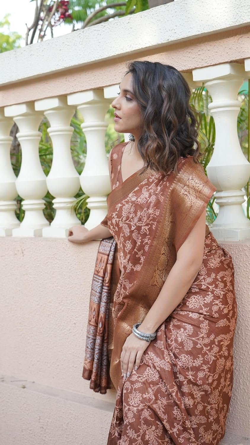 Women's Cotton Silk Blend Block Printed Saree with Blouse Piece colour brown - Image 2