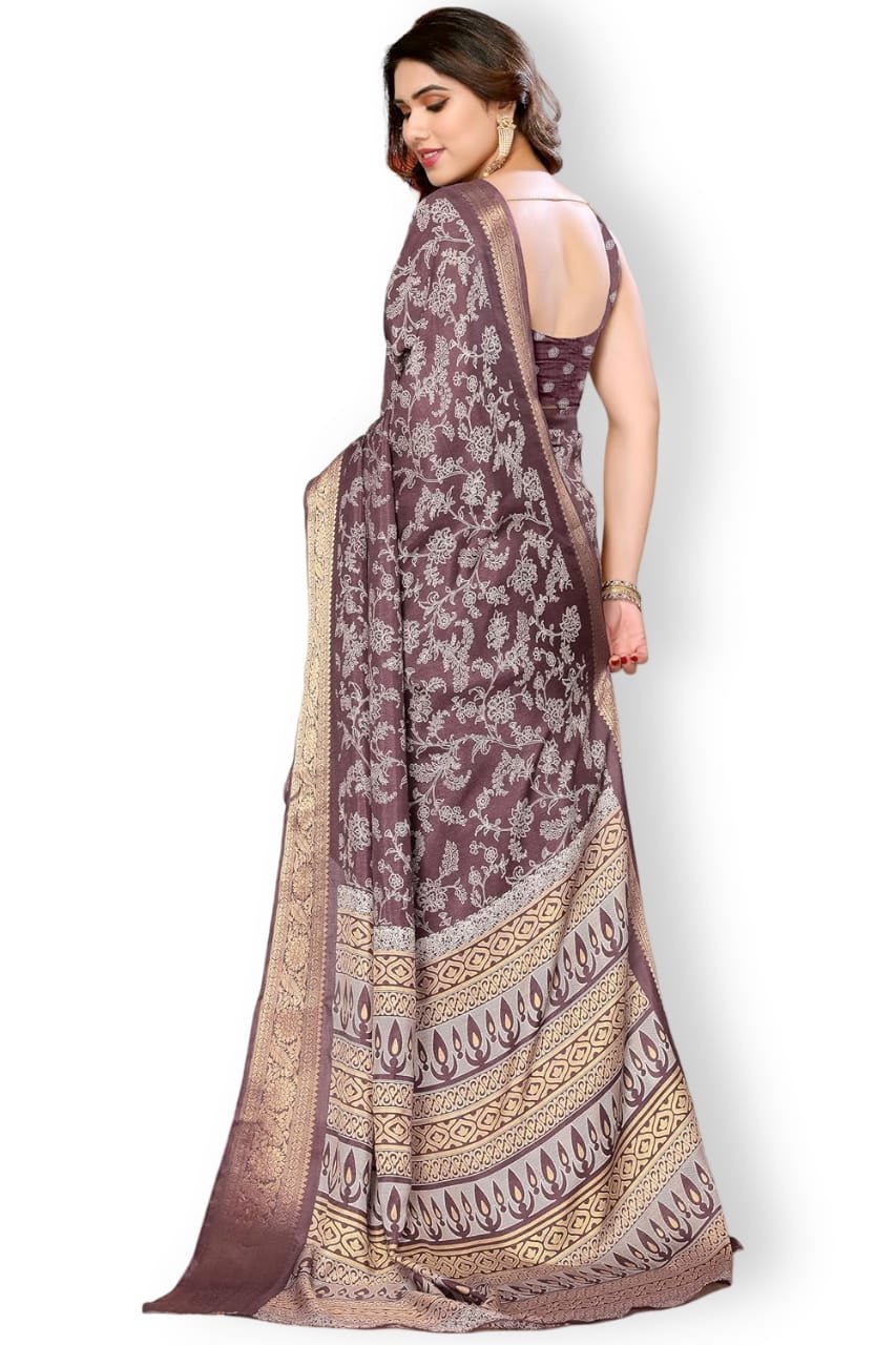Women's Cotton Silk Blend Block Printed Saree with Blouse Piece colour brown and golden - Image 2