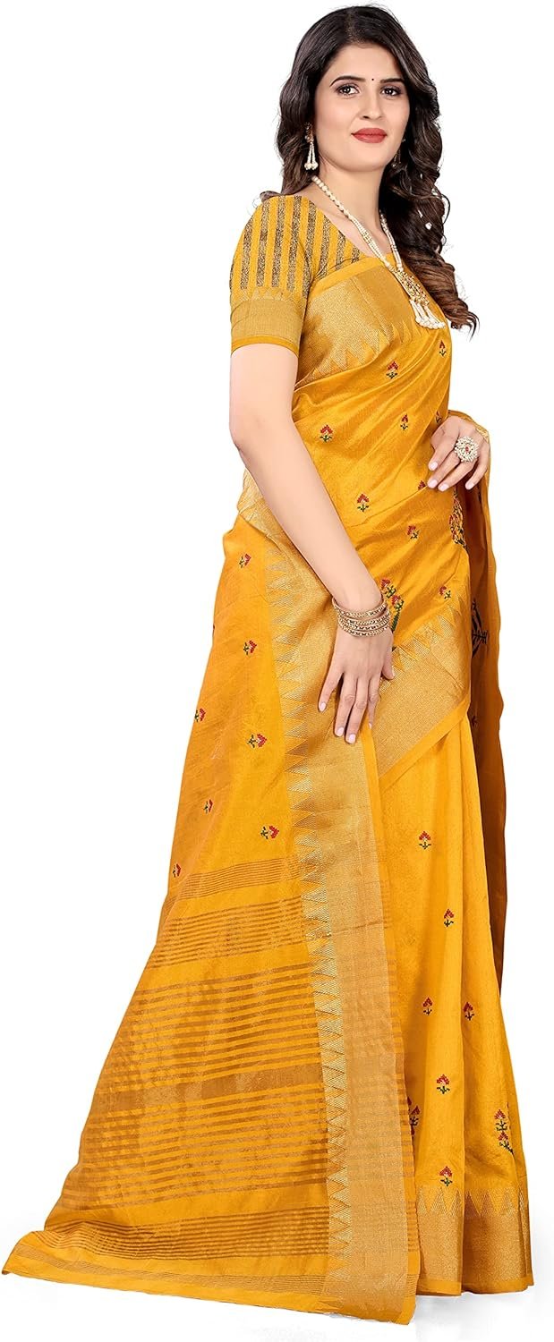 Women's Cotton Silk Blend Block Printed Saree with Blouse Piece colour yellow