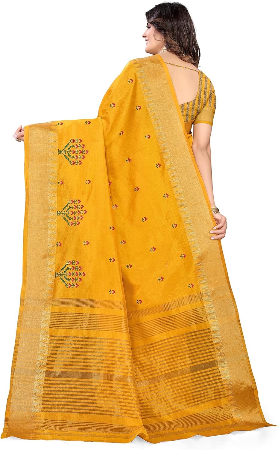 Women's Cotton Silk Blend Block Printed Saree with Blouse Piece colour yellow - Image 2
