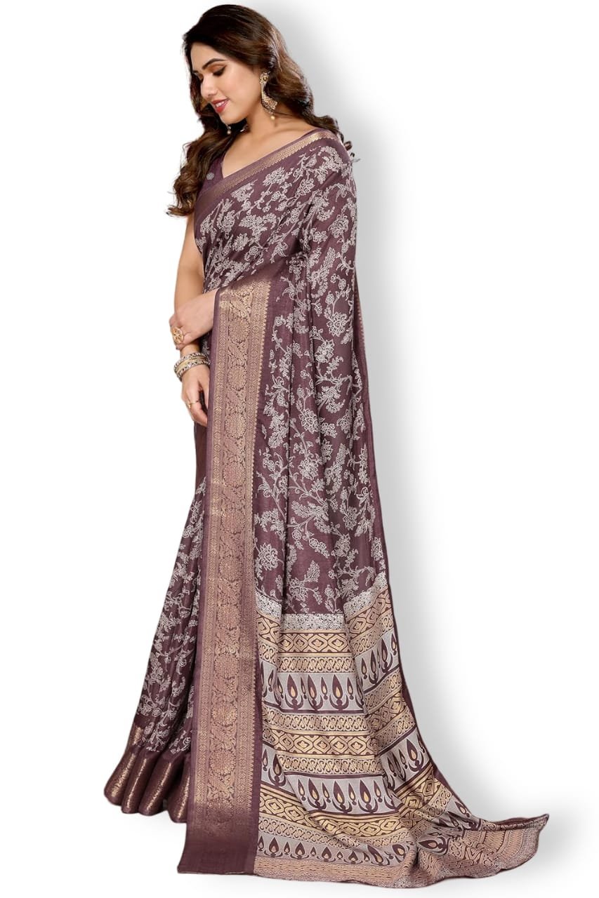 Women's Cotton Silk Blend Block Printed Saree with Blouse Piece colour brown and golden