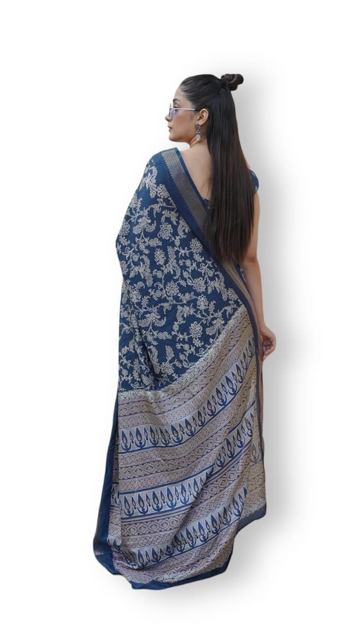 Women's Cotton Silk Blend Block Printed Saree with Blouse Piece colour dark blue - Image 2
